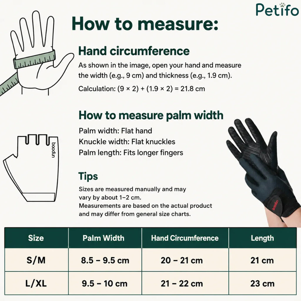 Size chart and measuring guide infographic for equestrian riding gloves with hand dimensions