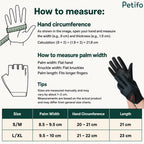 Size chart and measuring guide infographic for equestrian riding gloves with hand dimensions