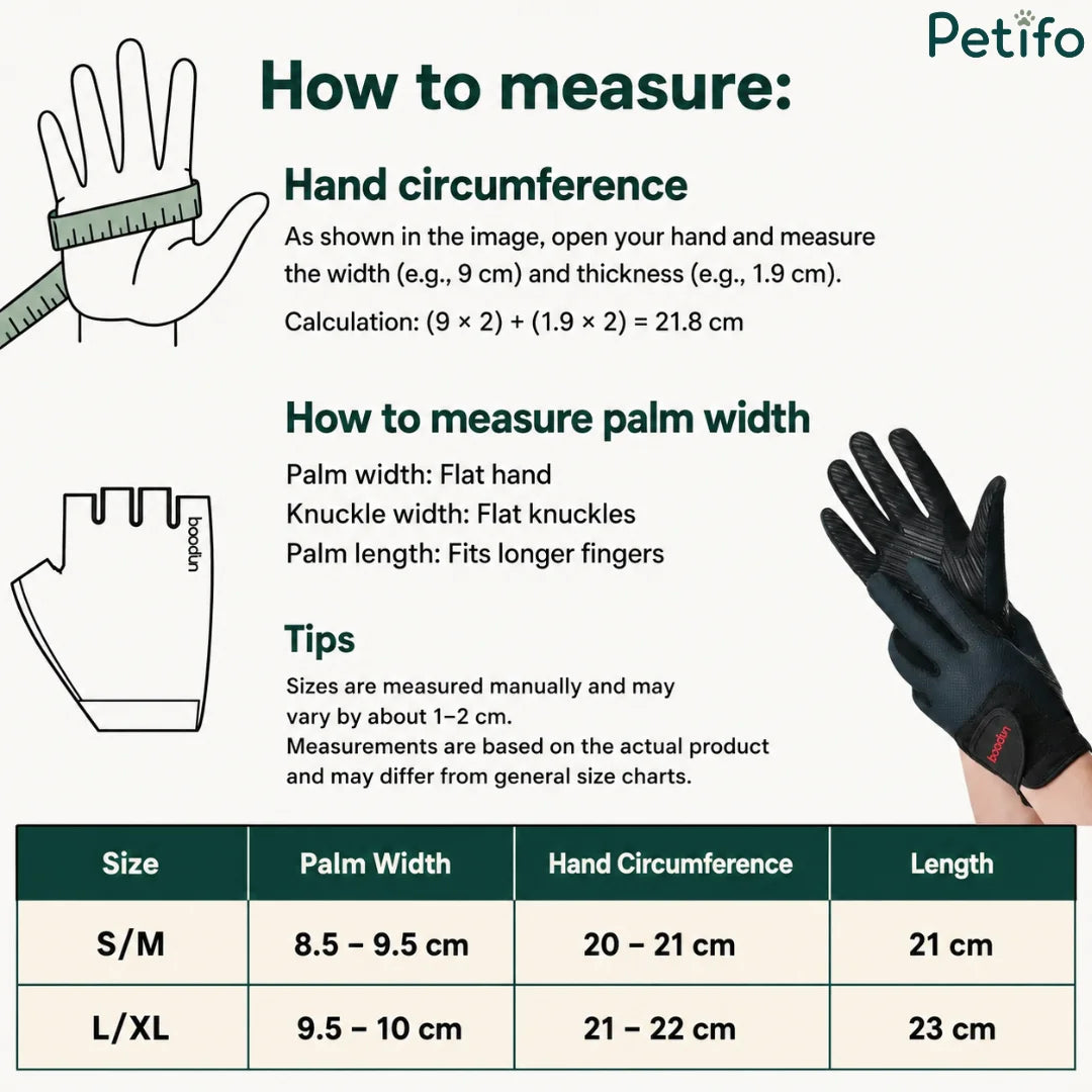 Size chart and measuring guide infographic for equestrian riding gloves with hand dimensions