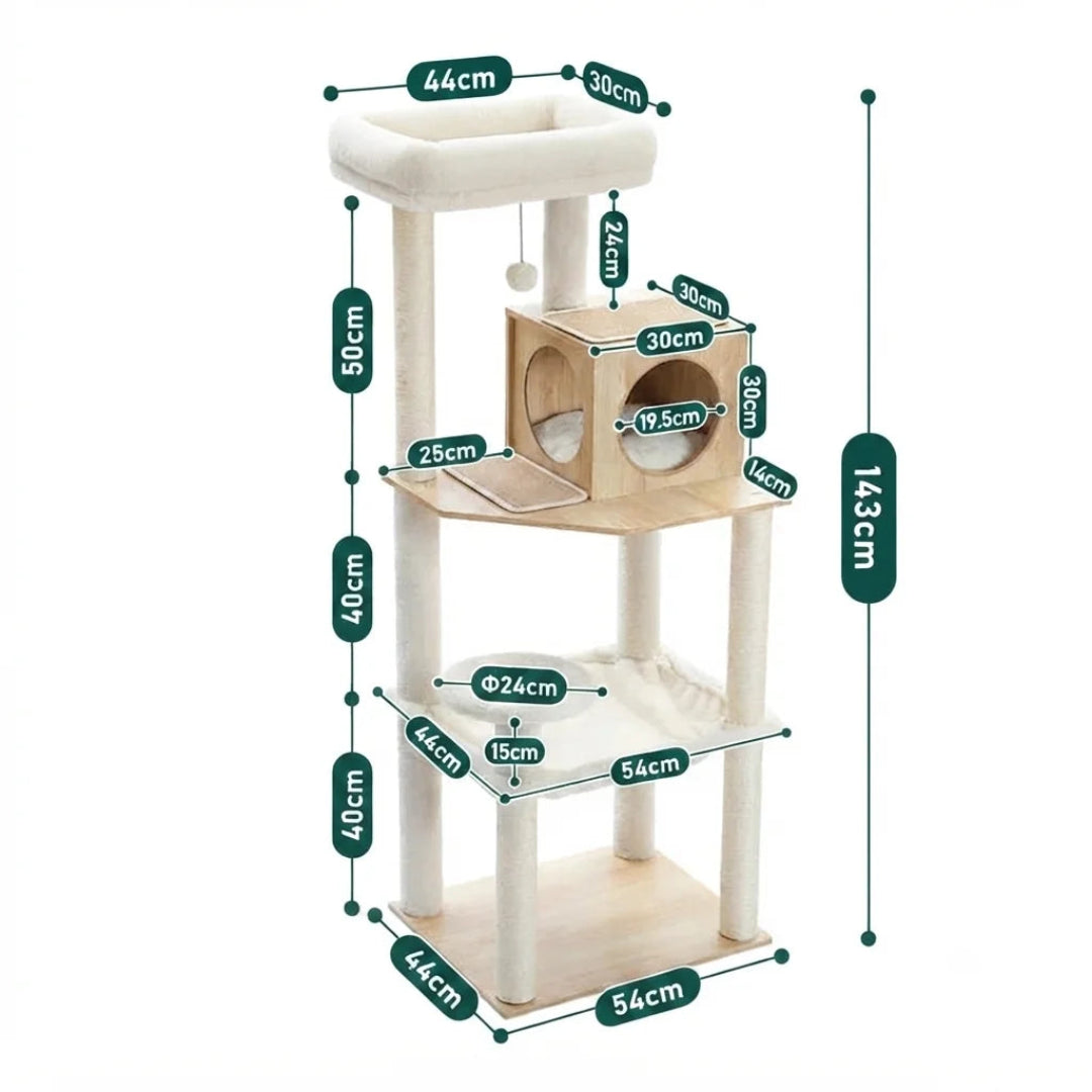A diagram featuring a beige modern cat tower with wooden-finish accents, labeling the 143 cm total height and widths for the cat house and platforms.