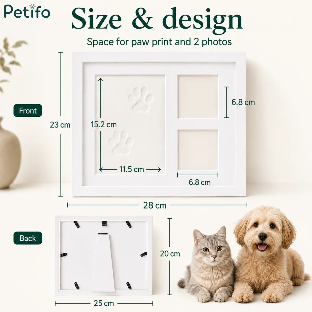 Dimensioned architectural drawing detailing the exact sizing specifications of the front and back of the cat and dog memory frame.