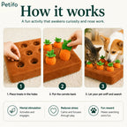 Step-by-step instruction guide demonstrating how to use the Petifo carrot harvest dog puzzle toy for mental stimulation.