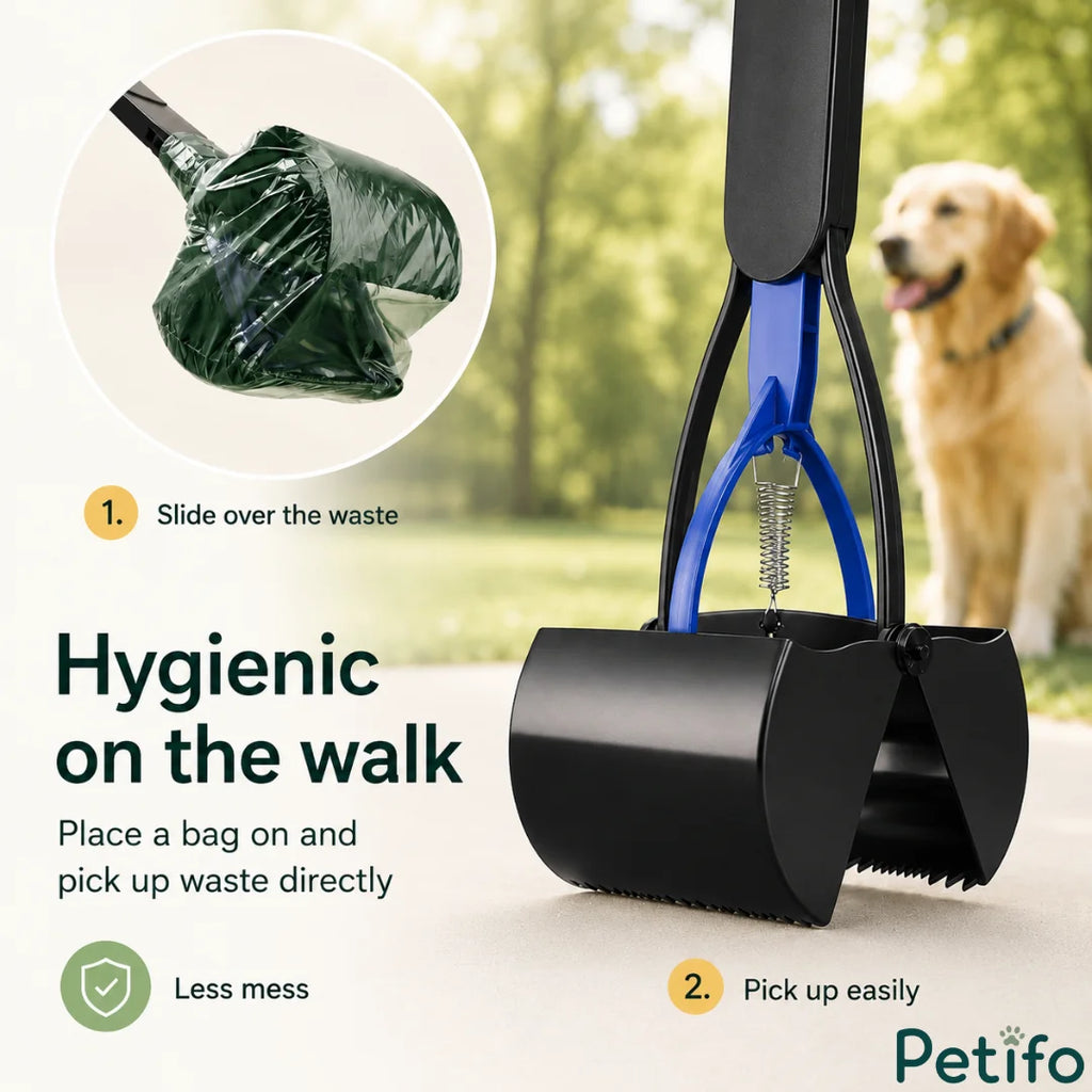 Step-by-step visual guide showing how to slide a waste bag over the scooper for hygienic, mess-free pickup during walks.