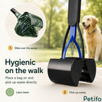 Step-by-step visual guide showing how to slide a waste bag over the scooper for hygienic, mess-free pickup during walks.