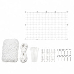Complete white cat safety net kit including installation rope, cable ties, wall plugs, and metal hooks.
