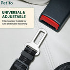 Close-up of universal metal seat belt buckle inserting into a car receiver for pet safety.