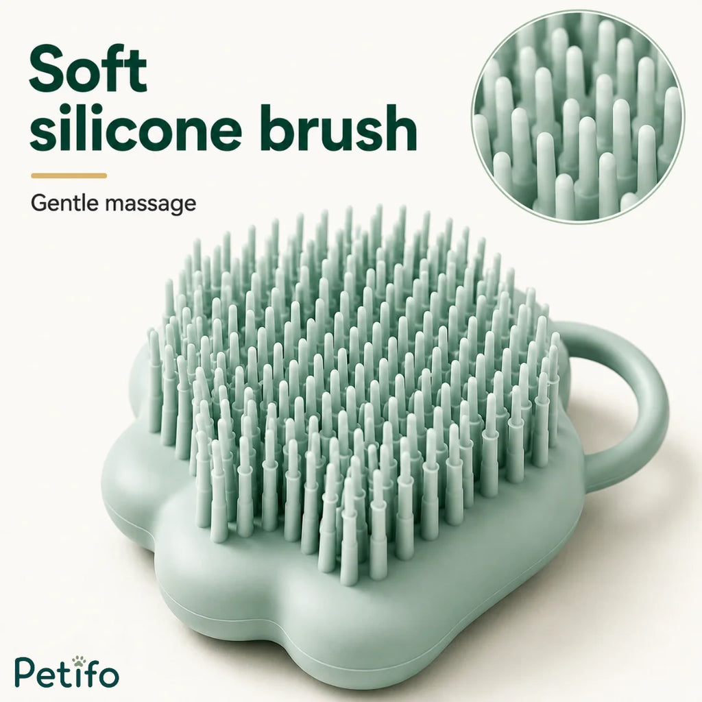 Petifo mint green soft silicone pet bath brush with gentle massage bristles.