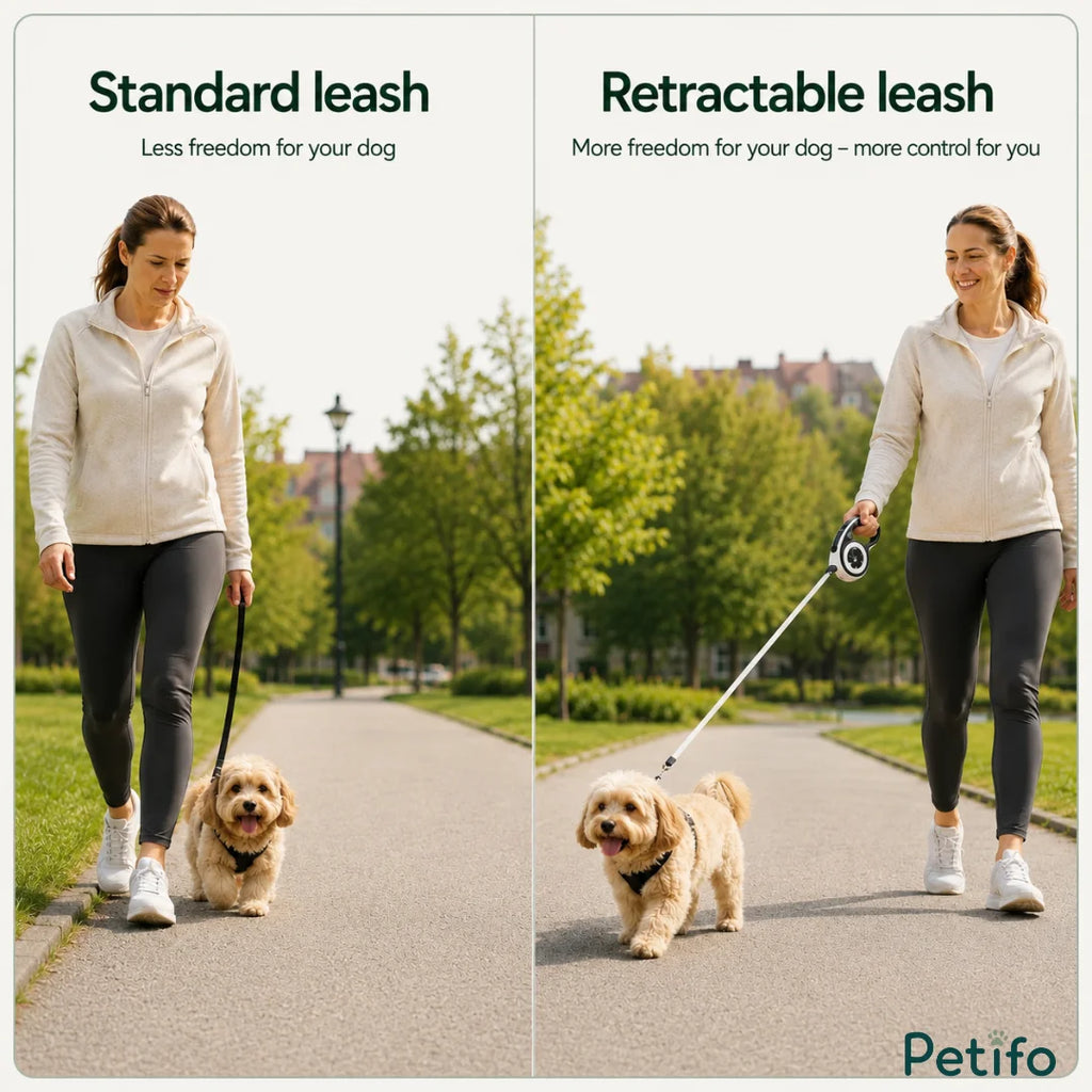 A comparison showing a standard leash providing less freedom versus a retractable leash offering more freedom and control.