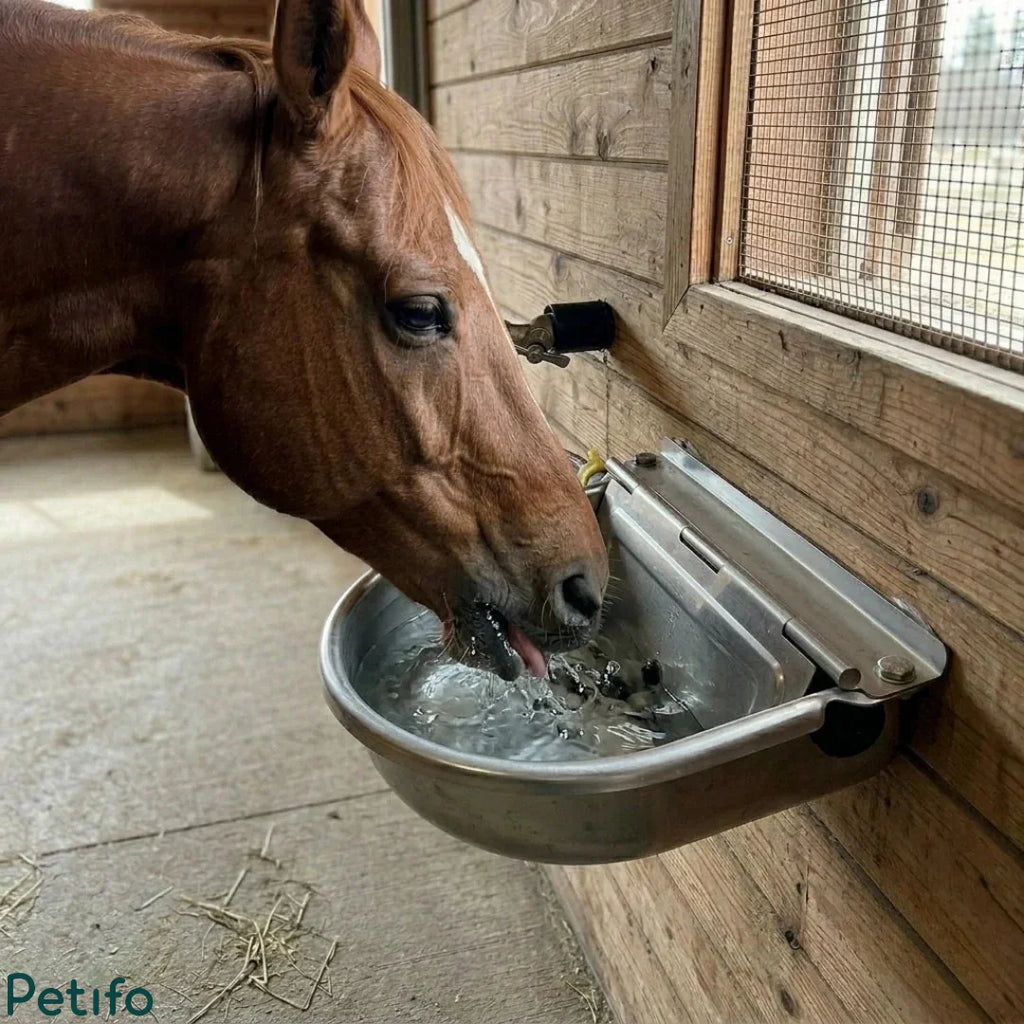 A brown horse drinking fresh water from an automatic stainless steel bowl mounted in a wooden stable.