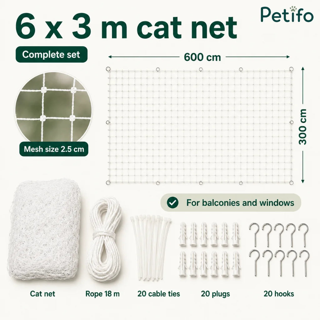 Complete 6x3m cat net set with mounting accessories, rope, hooks, and wall plugs for secure balcony installation.