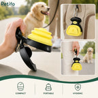 Multi-angle usage and feature highlights showcasing the yellow portable scooper clipped to a bag and held during a walk.