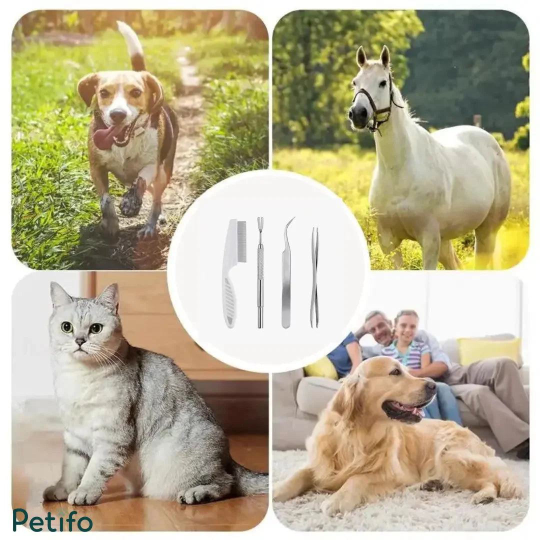 Multi-animal lifestyle collage showing dogs, a horse, and a cat with a central tick removal tool kit.
