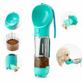 Overview graphic displaying all included components: the turquoise multi-function water bottle, food container, integrated scoop, and bottom bag dispenser.