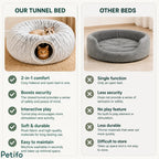 A comparison chart contrasting the multi-functional benefits of a 2-in-1 donut cat tunnel bed against standard open beds.