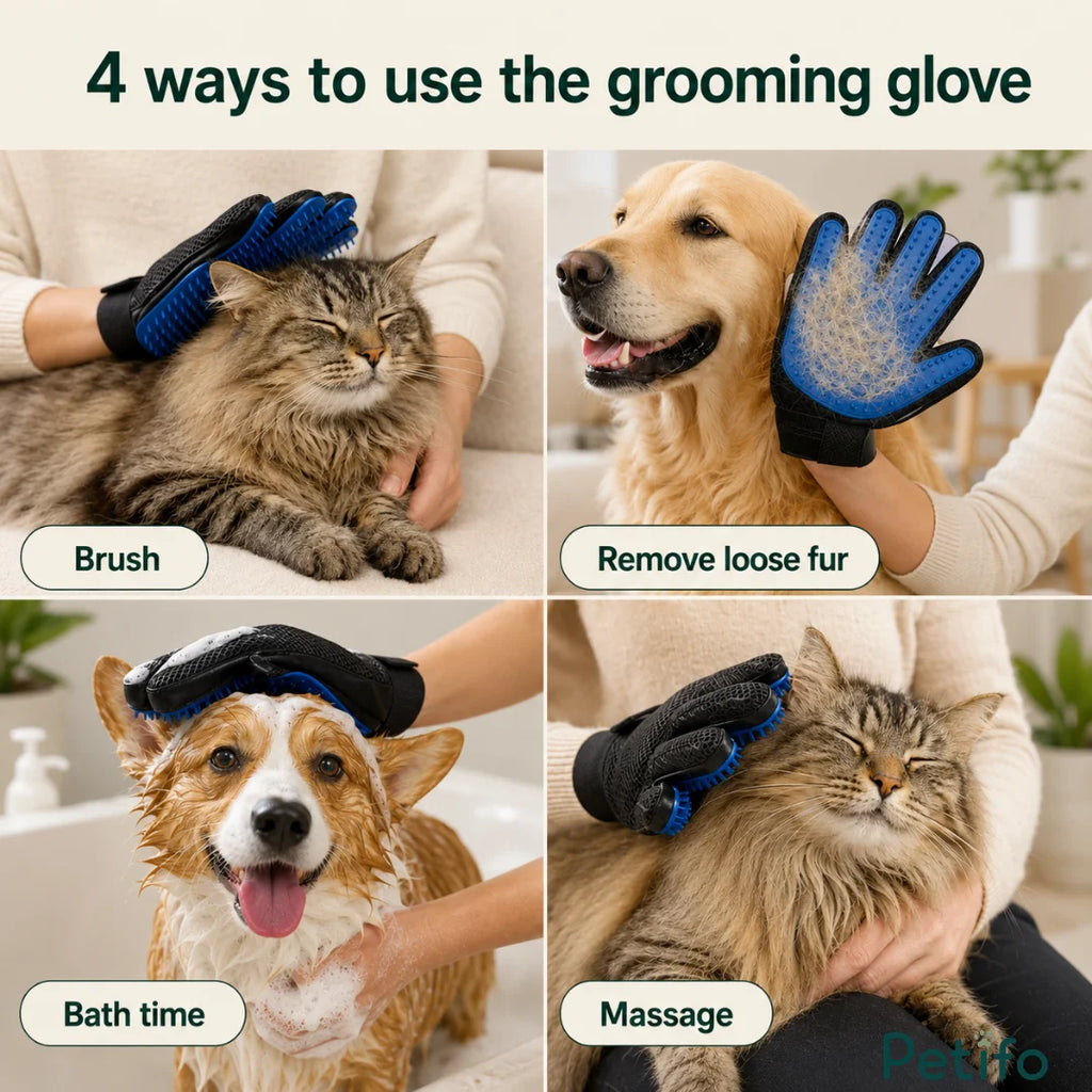 Multi-functional infographic showing four ways to use the Petifo grooming glove for brushing, de-shedding, bathing, and massaging pets.