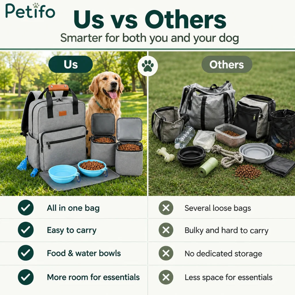 Petifo multi-functional gray dog travel backpack compared side-by-side with loose bags in a park.