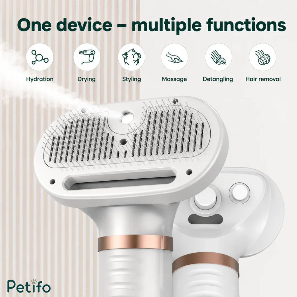 Multi-functional grooming tool graphic highlighting hydration, drying, styling, massage, detangling, and hair removal features.
