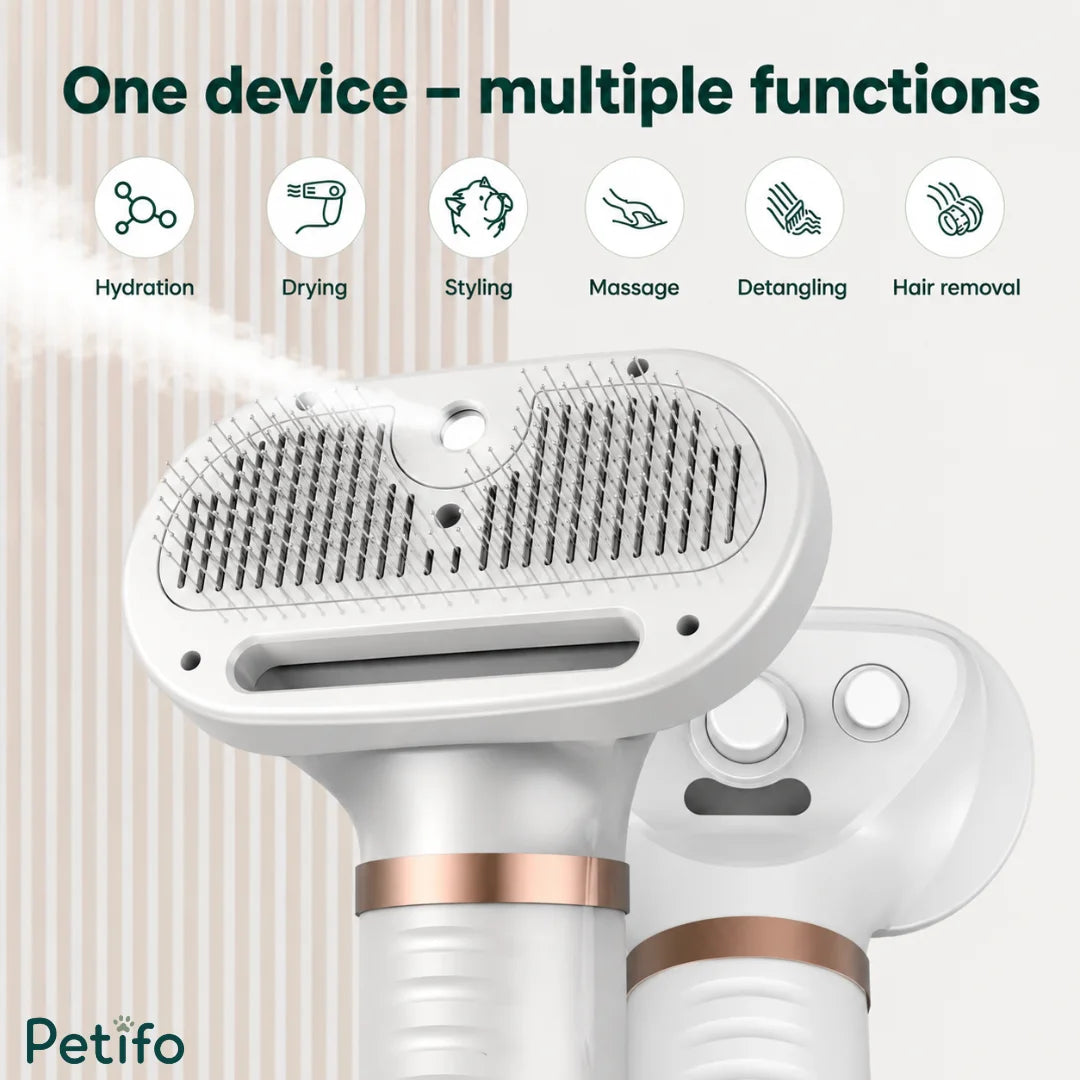 Multi-functional grooming tool graphic highlighting hydration, drying, styling, massage, detangling, and hair removal features.