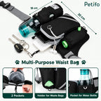 Multi-purpose running waist bag layout highlighting dual zipper pockets, a waste bag dispenser, and a water bottle holder.