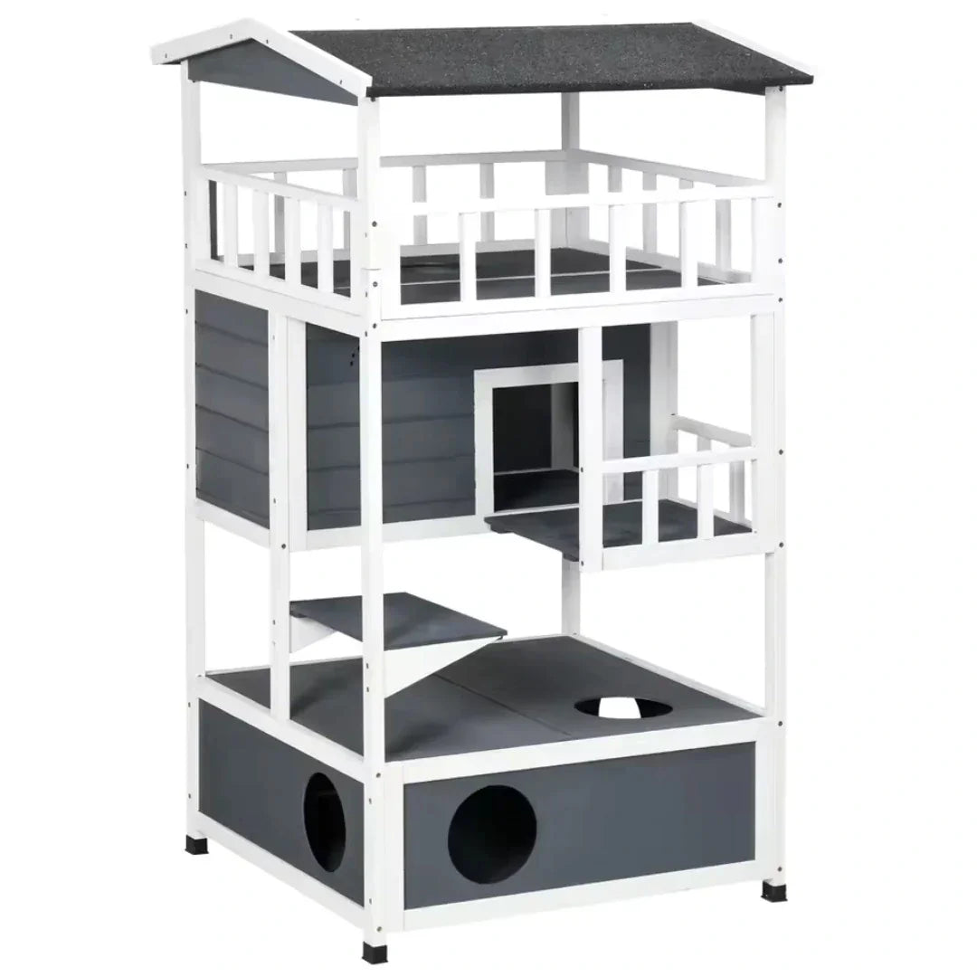 Multi-tier outdoor wooden cat house and climbing tower featuring grey and white panels.