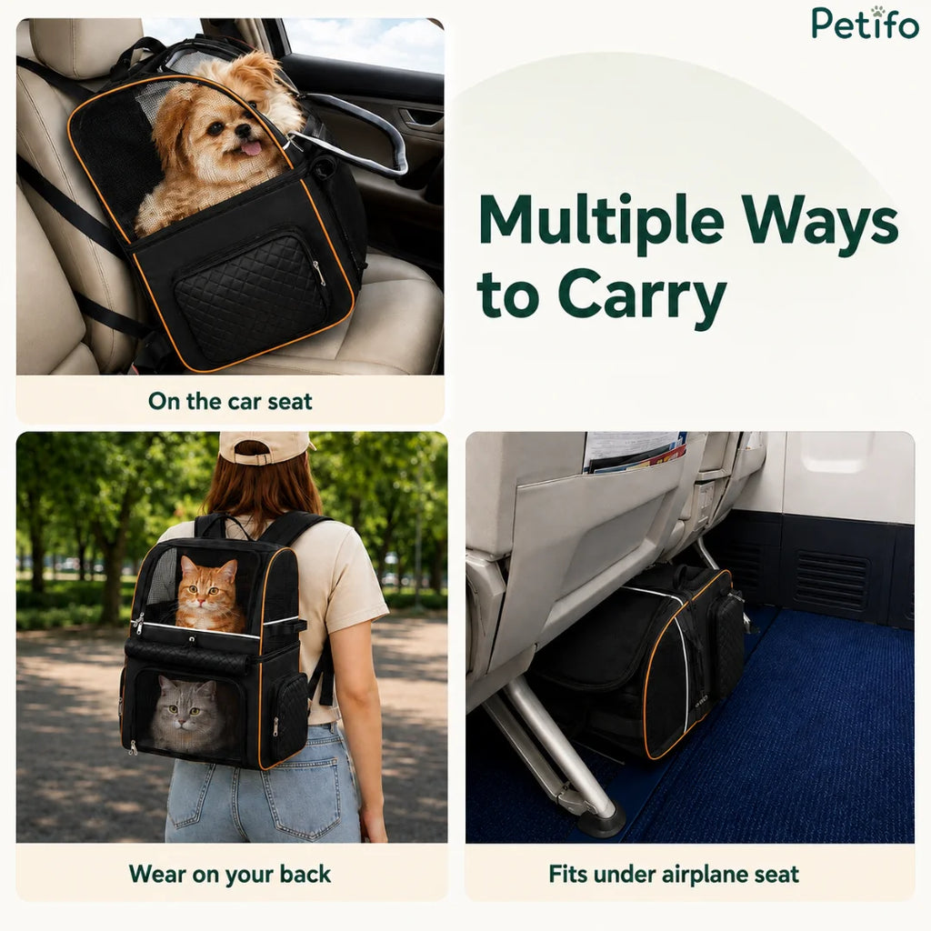 Multi-use demonstration showing the carrier secured on a car seat, worn as a backpack, and stored beneath an airplane seat.