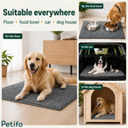 Multi-use lifestyle images showing the grey pet mat placed on floors, near food bowls, inside car trunks, and inside dog houses.