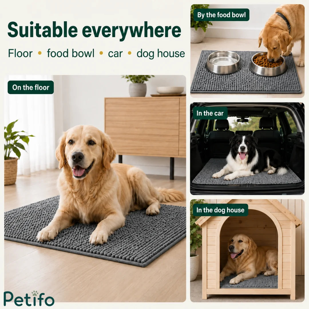 Multi-use lifestyle images showing the grey pet mat placed on floors, near food bowls, inside car trunks, and inside dog houses.