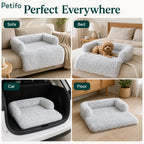 Multi-use display of the Petifo grey pet sofa bed styled on a sofa, bed, car trunk, and floor.