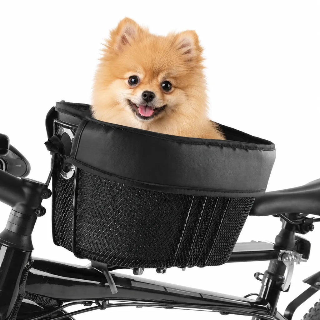 Petifo black multifunctional pet bike basket mounted on a bicycle frame against a white background, featuring a happy small Pomeranian dog sitting inside with its tongue out.