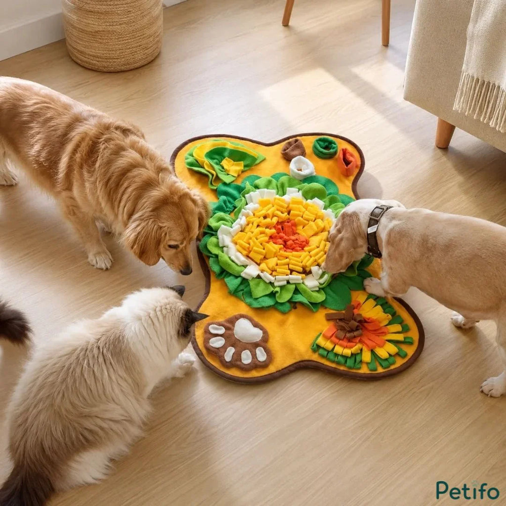 Multiple dogs and a cat gathering around a yellow bone-shaped snuffle mat on a wooden floor.