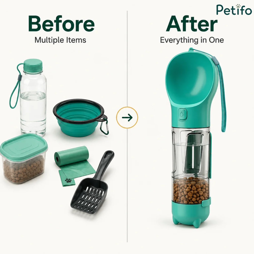 Before and After" comparison image showing multiple individual walking items versus the single consolidated Petifo bottle.