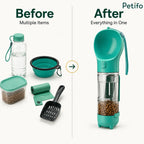Before and After" comparison image showing multiple individual walking items versus the single consolidated Petifo bottle.