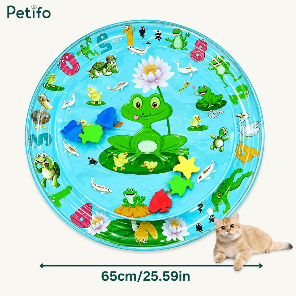 Frog and nature themed interactive cat water splash mat with a 65cm size indicator.