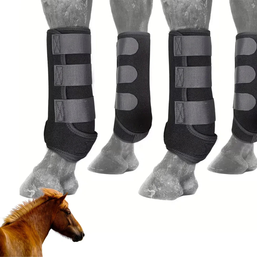 Set of four black neoprene horse leg boots designed for protection and injury prevention.