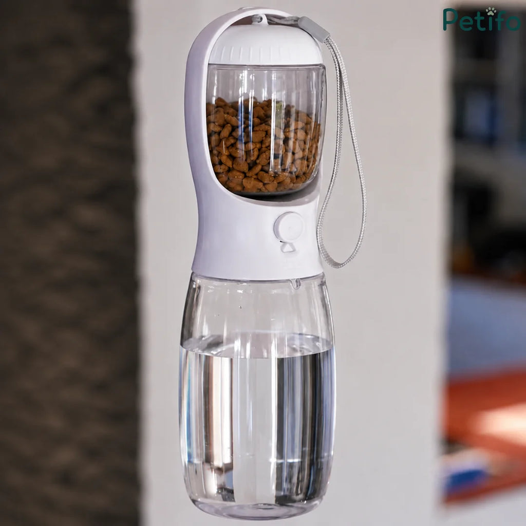 Petifo portable 2-in-1 pet water and food bottle sho wn against a neutral backdrop.