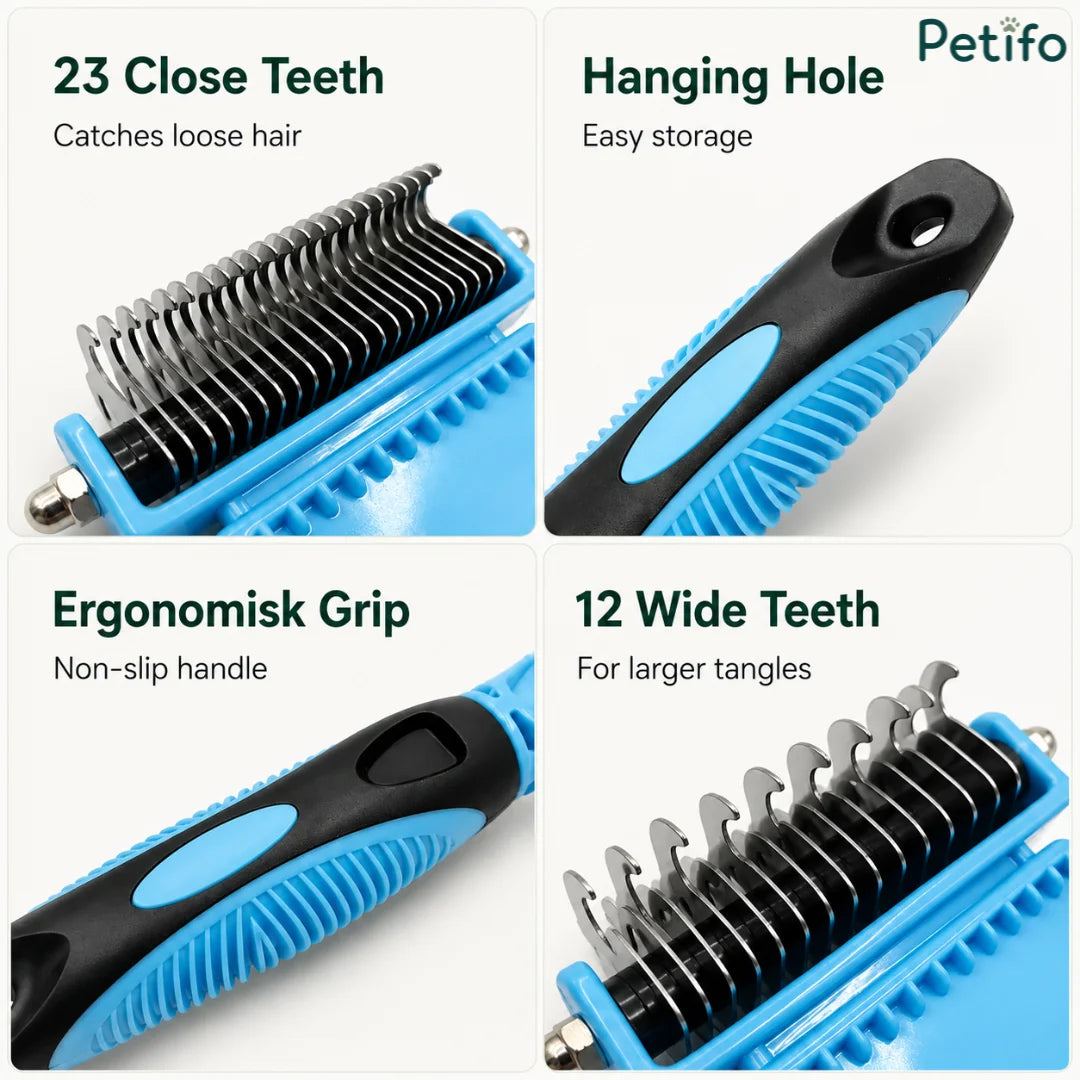 Detailed view of the Petifo deshedding comb highlighting its 23 close teeth, hanging hole, ergonomic non-slip grip, and 12 wide teeth.
