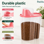 Features of the durable, odor-free plastic pet food container highlighting its wide opening, tight-sealing lid, and measuring cup.