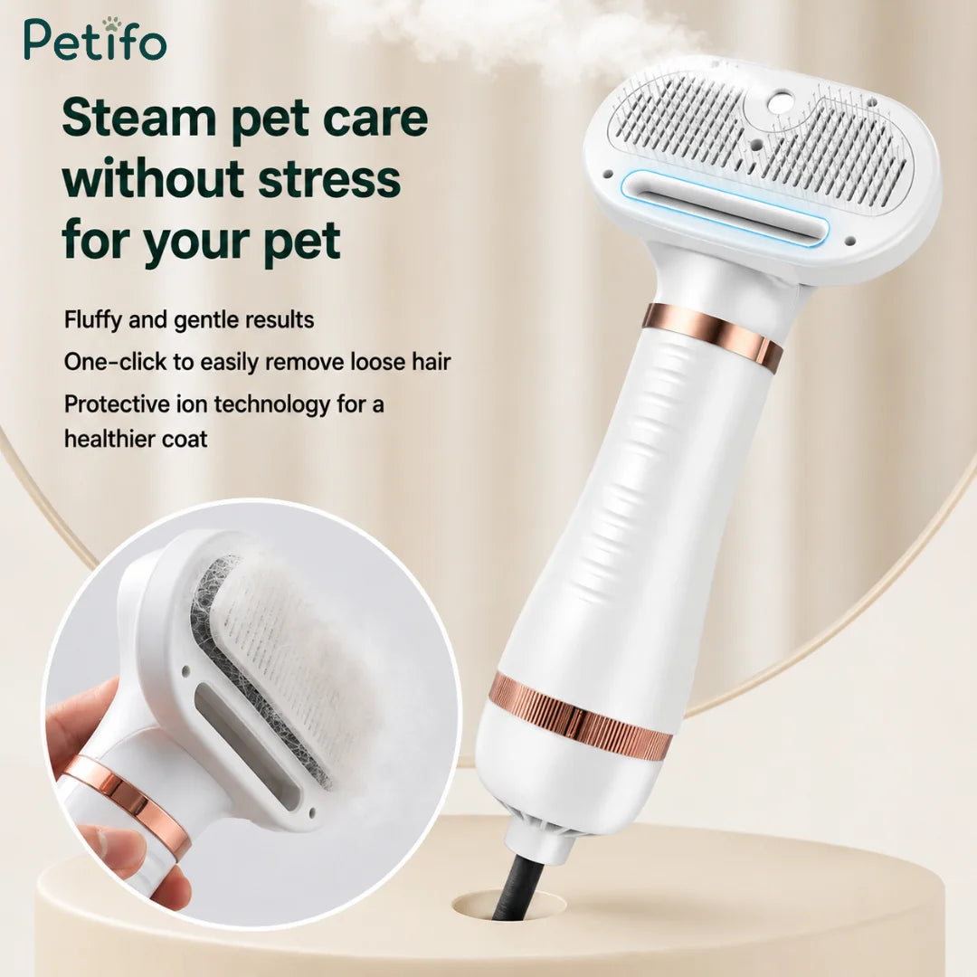 Steam pet care dryer showcasing ion technology and an inset image demonstrating easy one-click loose hair removal.
