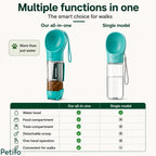Comparison chart detailing features of the Petifo all-in-one bottle versus a single model bottle across water, food, treat, scoop, and one-hand operation categories.
