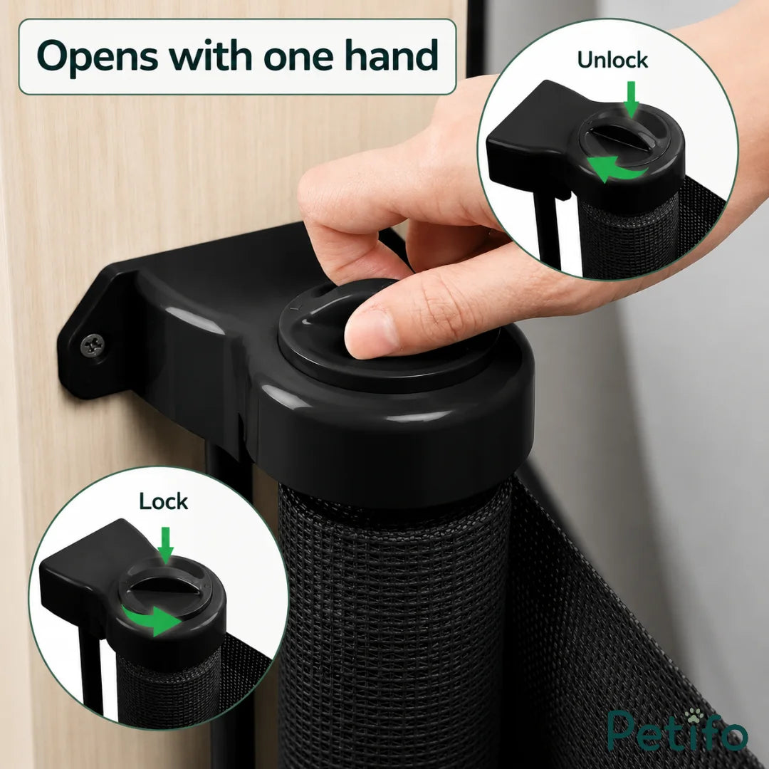 Close-up of the easy one-hand locking and unlocking mechanism on the retractable safety gate.