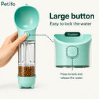 Large button feature graphic explaining the one-touch mechanism to lock and release water.