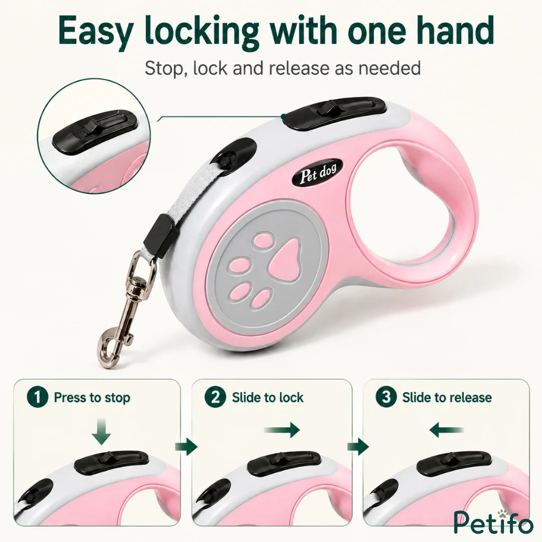 A tutorial illustration demonstrating how to easily stop, lock, and release a pink retractable dog leash with one hand.