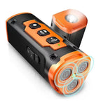 Orange and black handheld ultrasonic anti-barking device with triple speakers and flashlight.