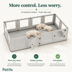 Promotional overview highlighting key benefits of the Petifo playpen: more time saved, simpler cleaning, and full visibility for pet owners.