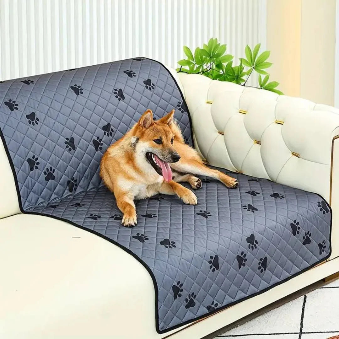 A Shiba Inu dog relaxing comfortably on a grey paw-print pattern couch cover protector.