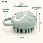 Product dimensions and features of the Petifo paw-shaped silicone pet bath brush showing a 10 cm width and 5 cm height.