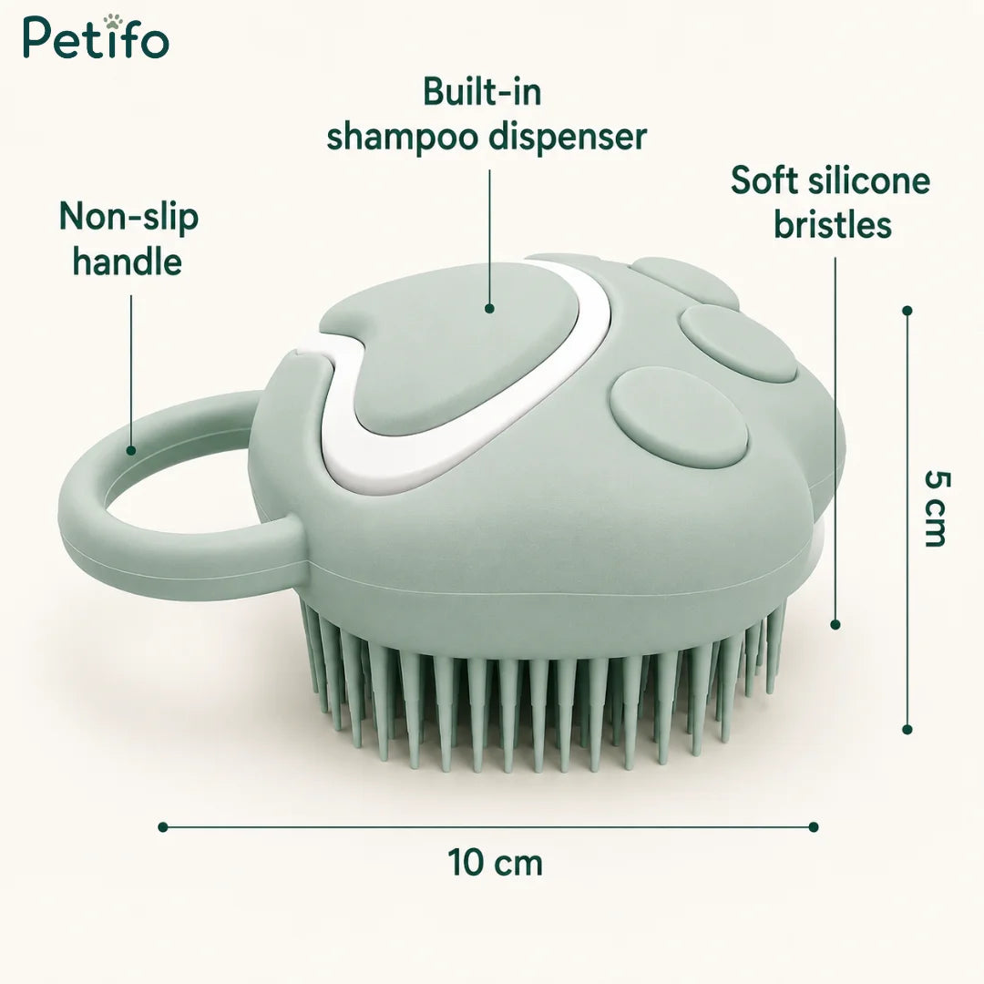 Product dimensions and features of the Petifo paw-shaped silicone pet bath brush showing a 10 cm width and 5 cm height.
