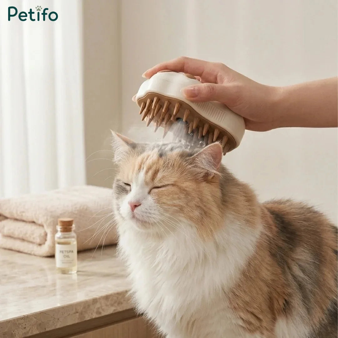 A person using a steaming paw-shaped massage brush on a fluffy calico cat's head.
