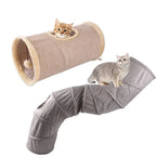 Two different color variants of collapsible plush cat tunnels showcasing integrated peekaboo holes and hanging toys.