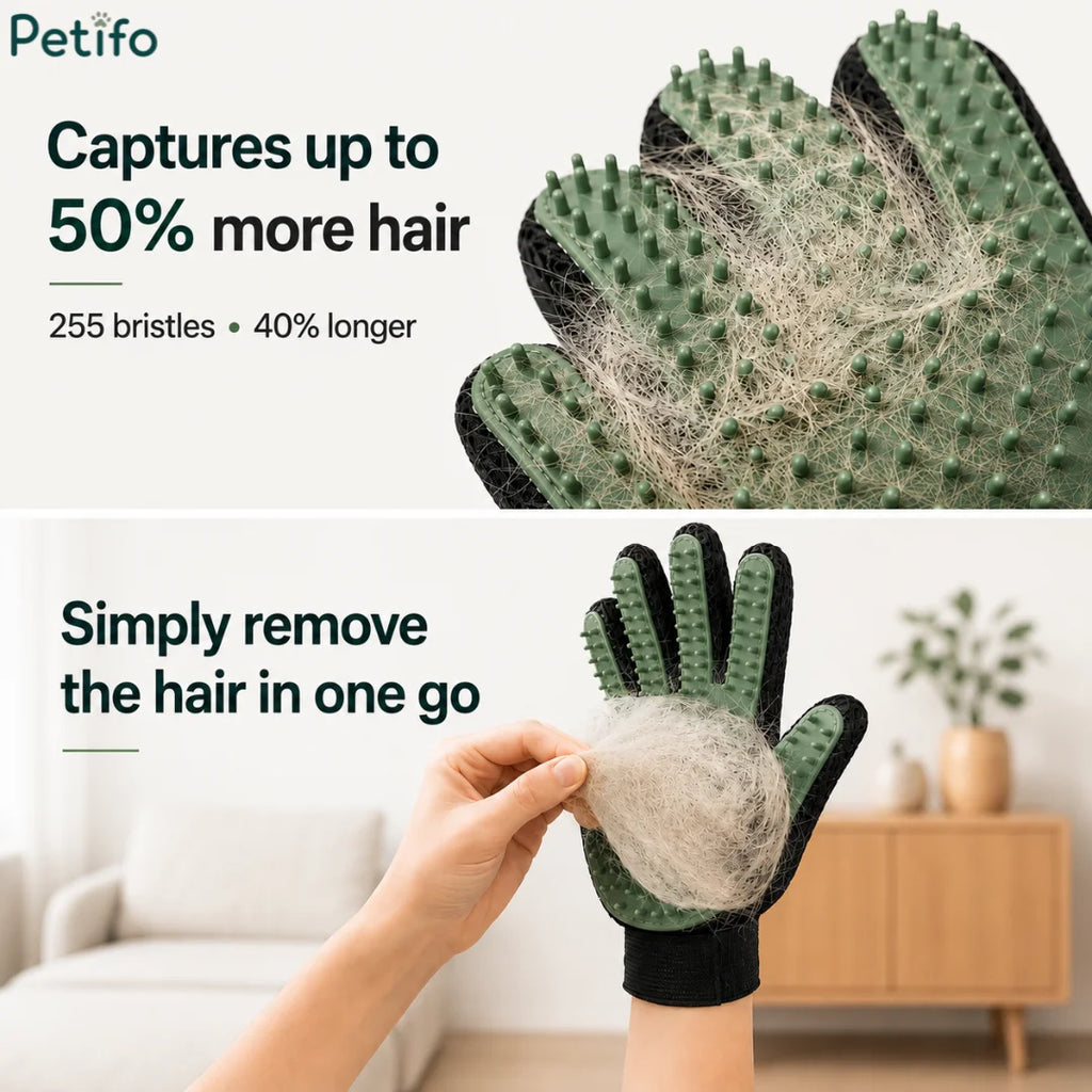 Close-up and peel demonstration showing how easily collected pet fur is peeled off the Petifo grooming glove in one piece.